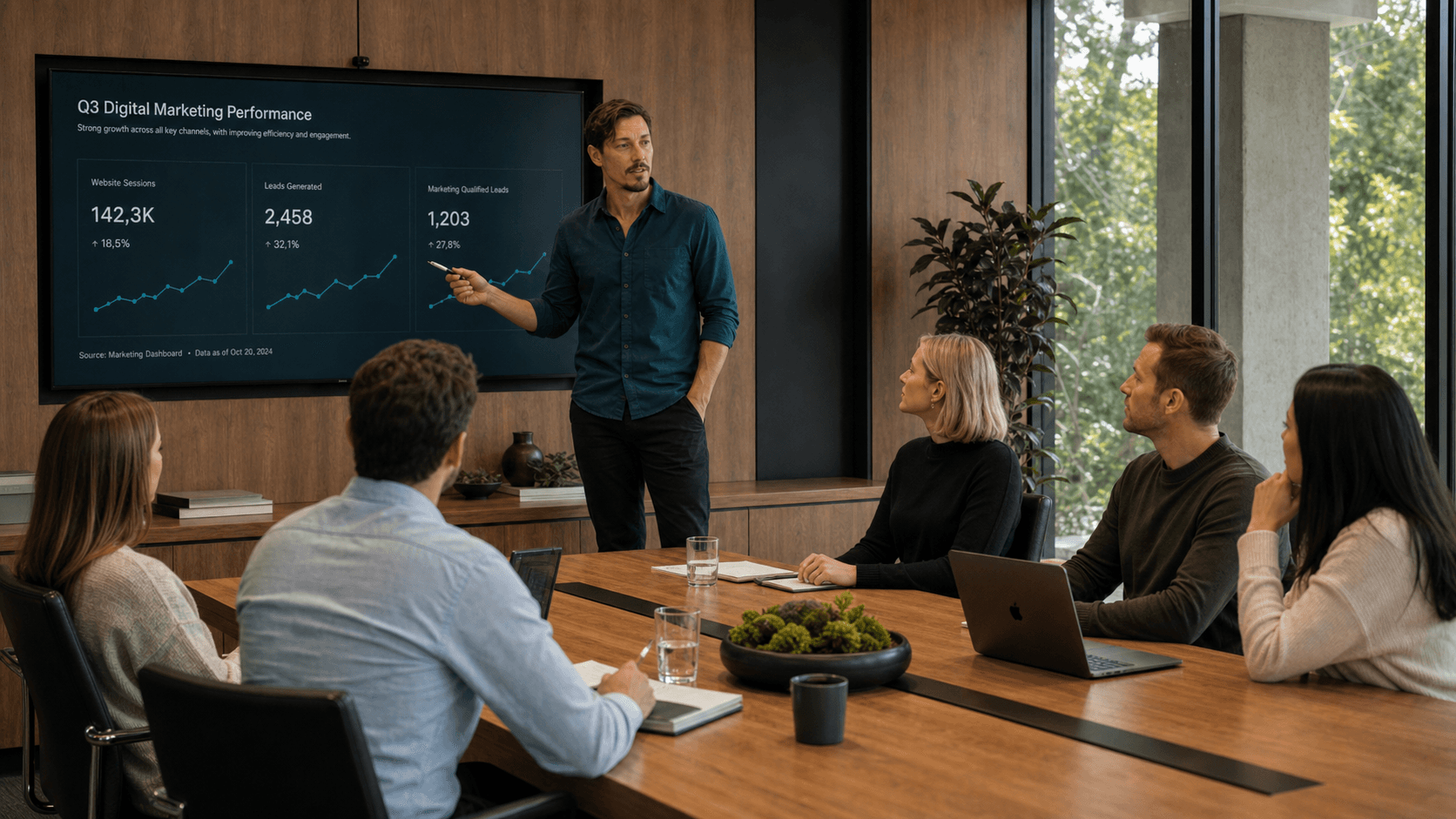 Neuro Stream team strategy session led by Harry Laos, presenting a 3-month growth marketing plan to scale leads, revenue and ROI through data-driven advertising, testing and customer growth strategy.