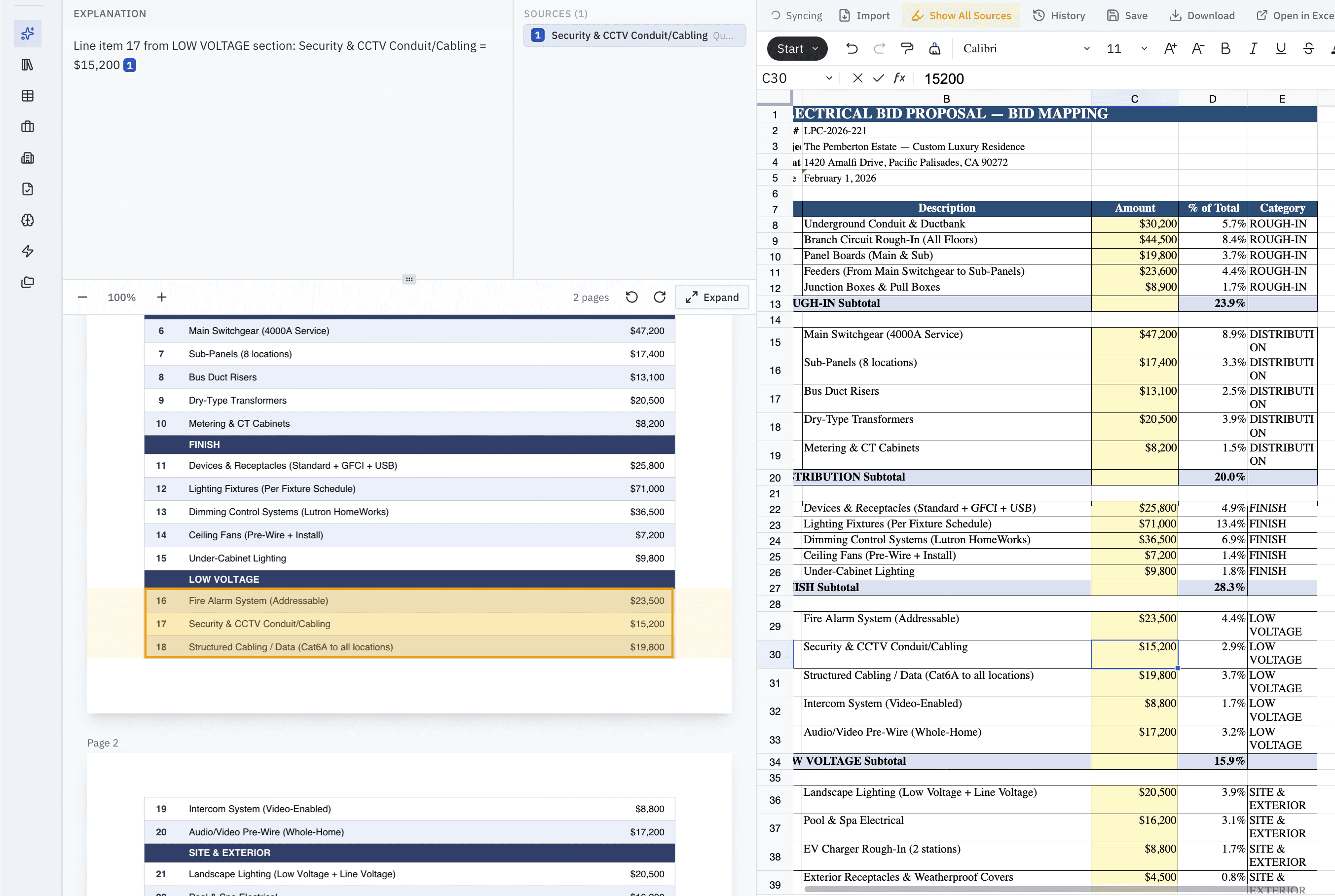 Mason bid review showing a selected $15,200 spreadsheet value and its highlighted PDF source.