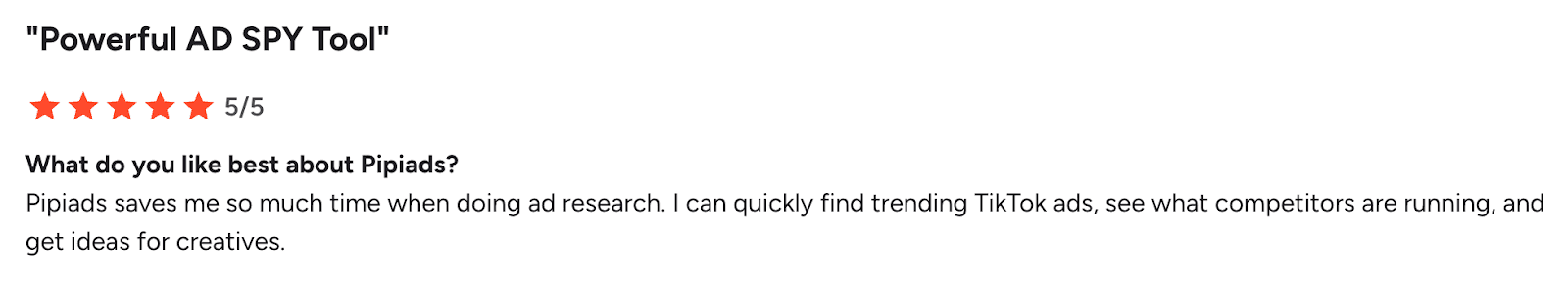 Five-star review saying PipiAds saves research time