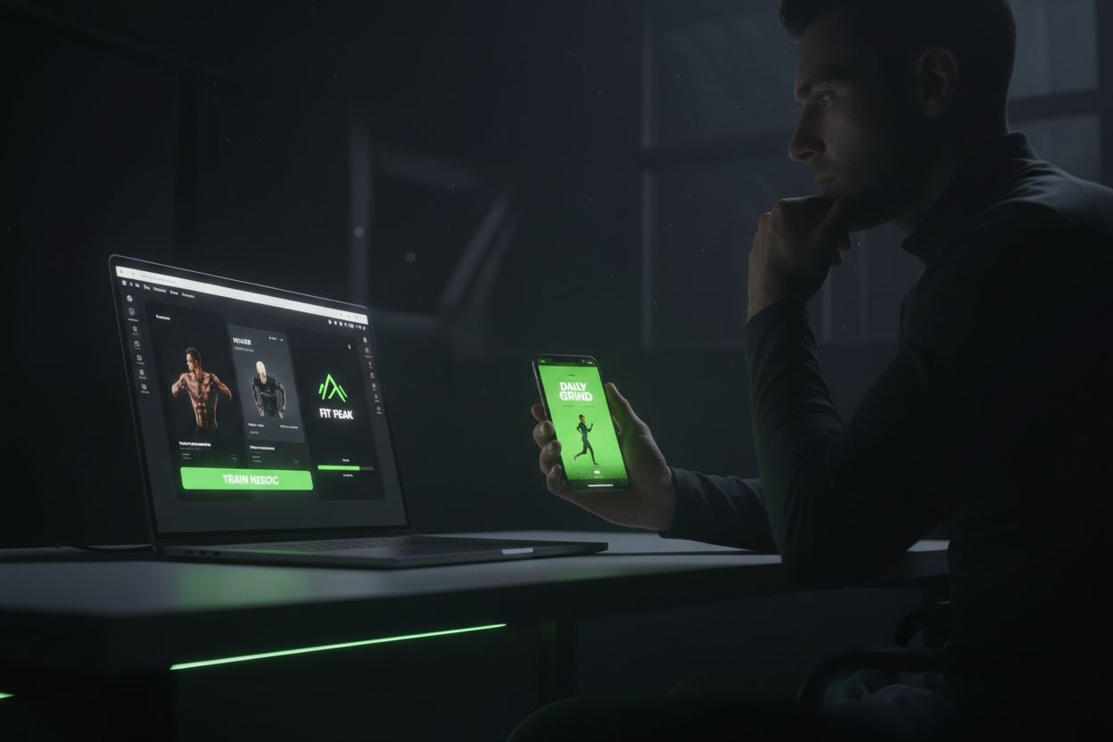 A person comparing workout apps on a laptop and phone