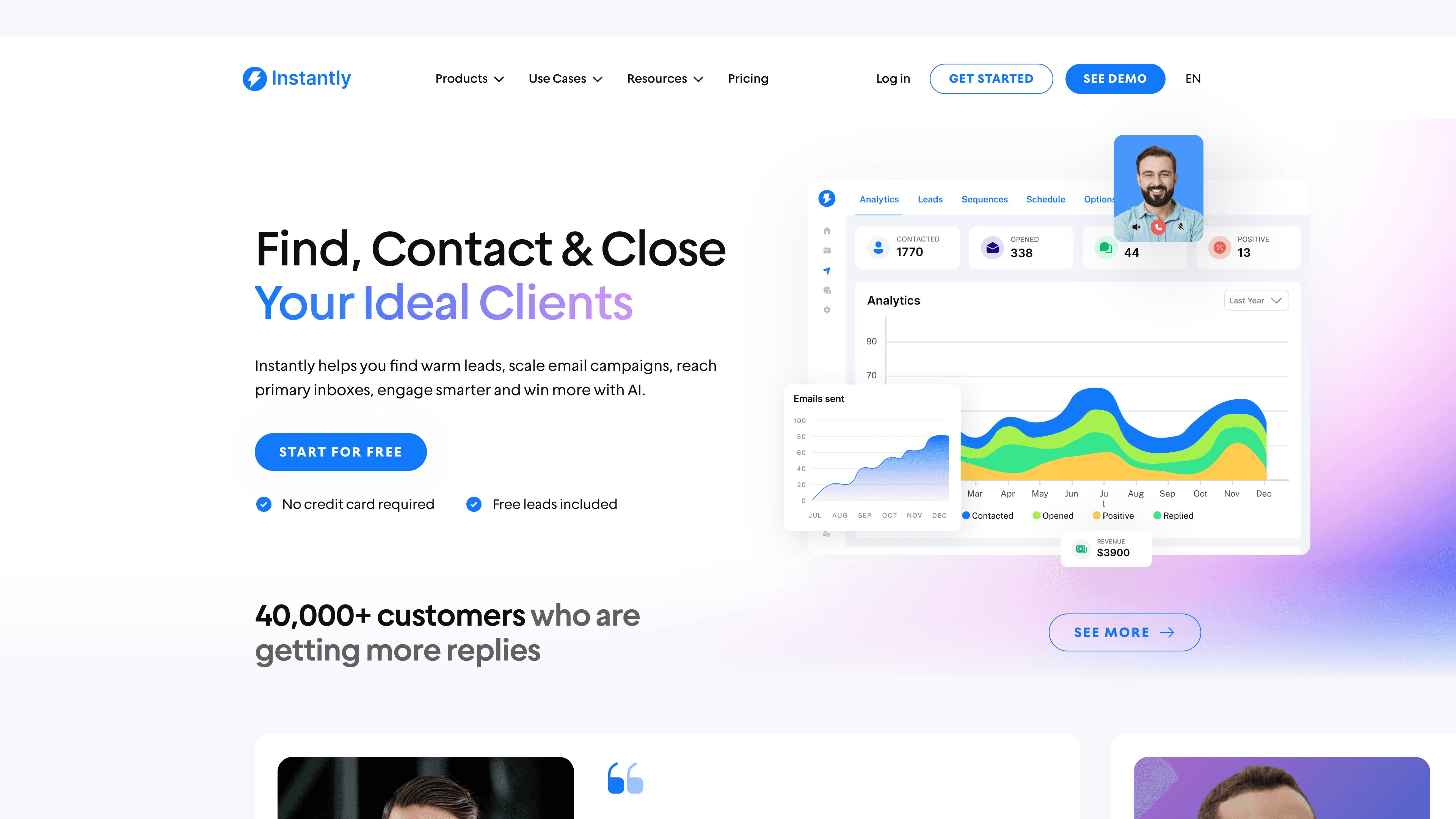 Instantly.ai homepage showing unlimited email accounts and volume-based pricing starting at $37/month