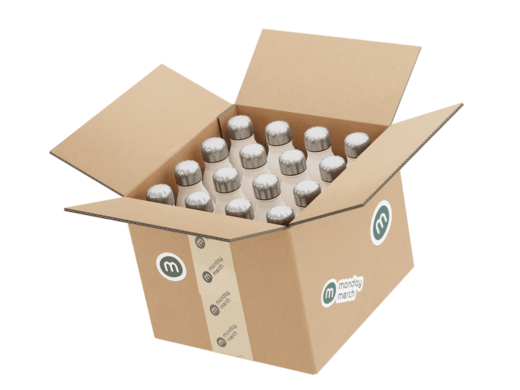 A partially open cardboard box filled with small round items, likely bottles or cans, arranged neatly inside.