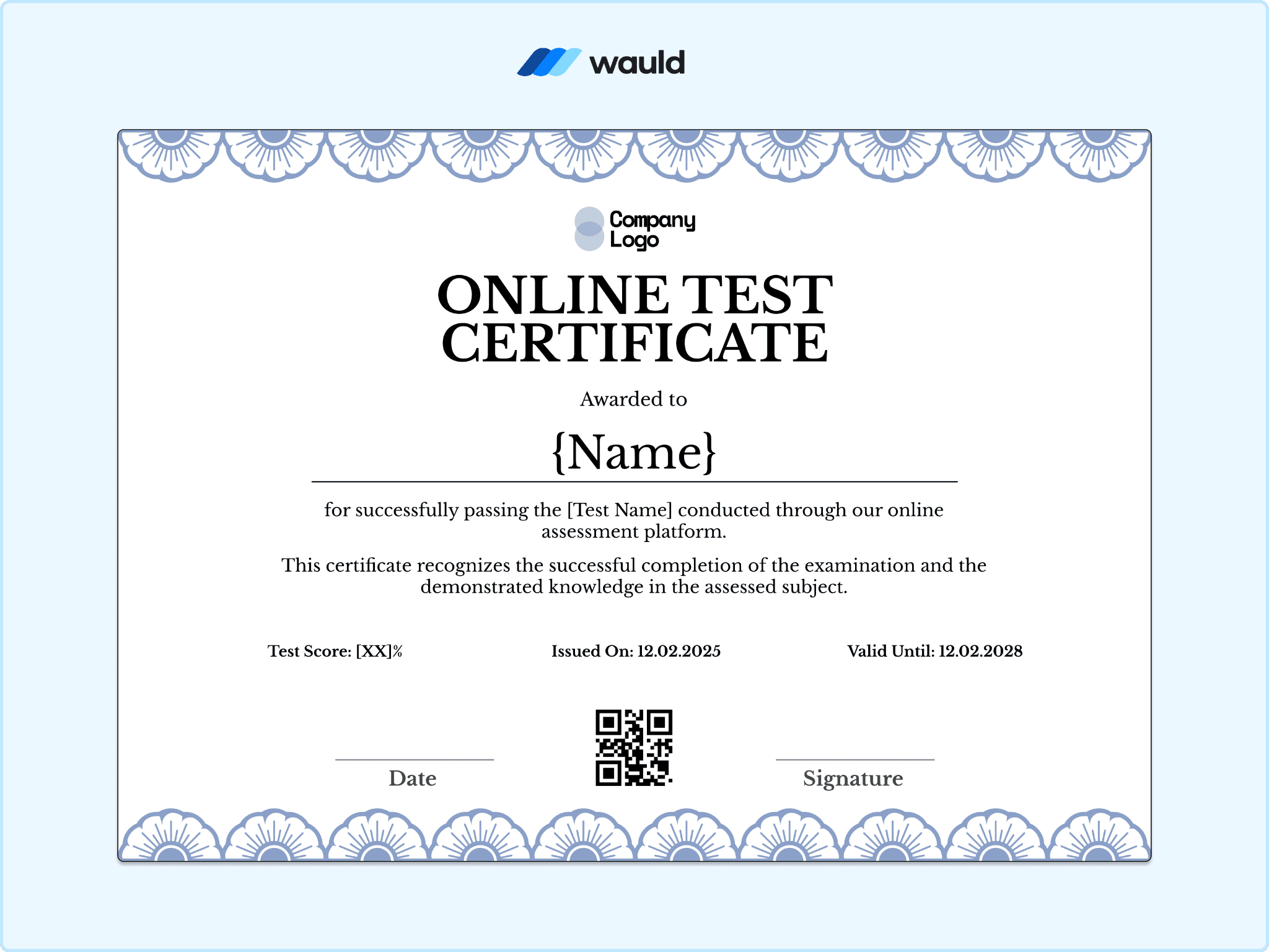 Online test certificate template with elegant navy floral border