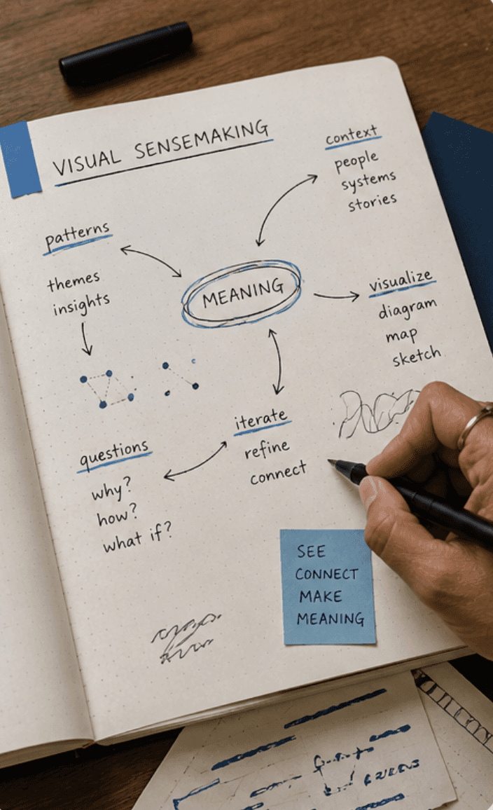 Hand sketching a visual sensemaking diagram in a notebook with arrows, notes, and mapped connections.