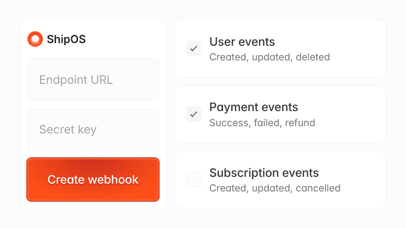 ShipOS webhook creation form with options for user, payment, and subscription events.