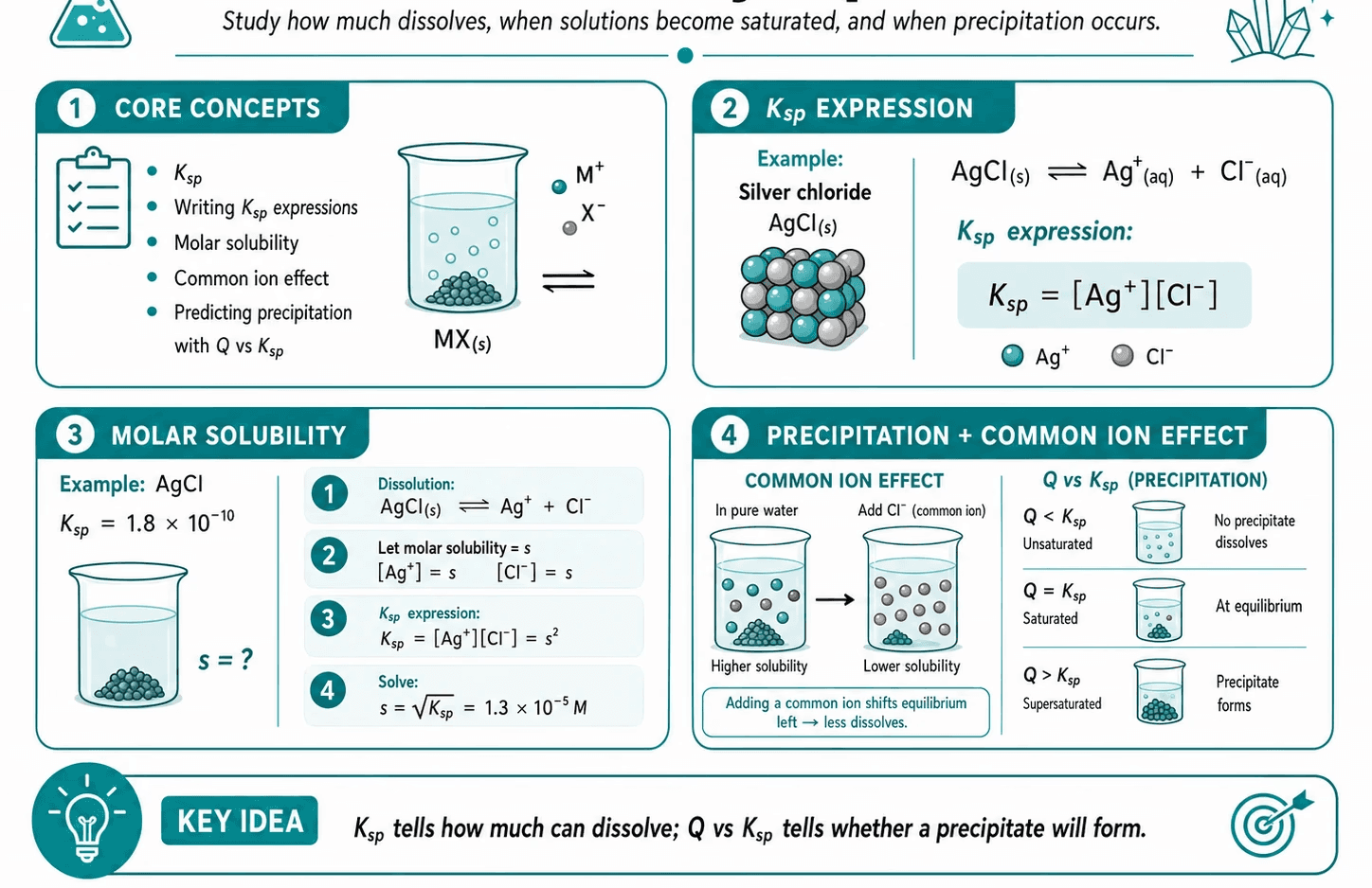 Ontario Grade 12 chemistry solubility guide covering Ksp, molar solubility, precipitation, the common-ion effect, and Qsp.