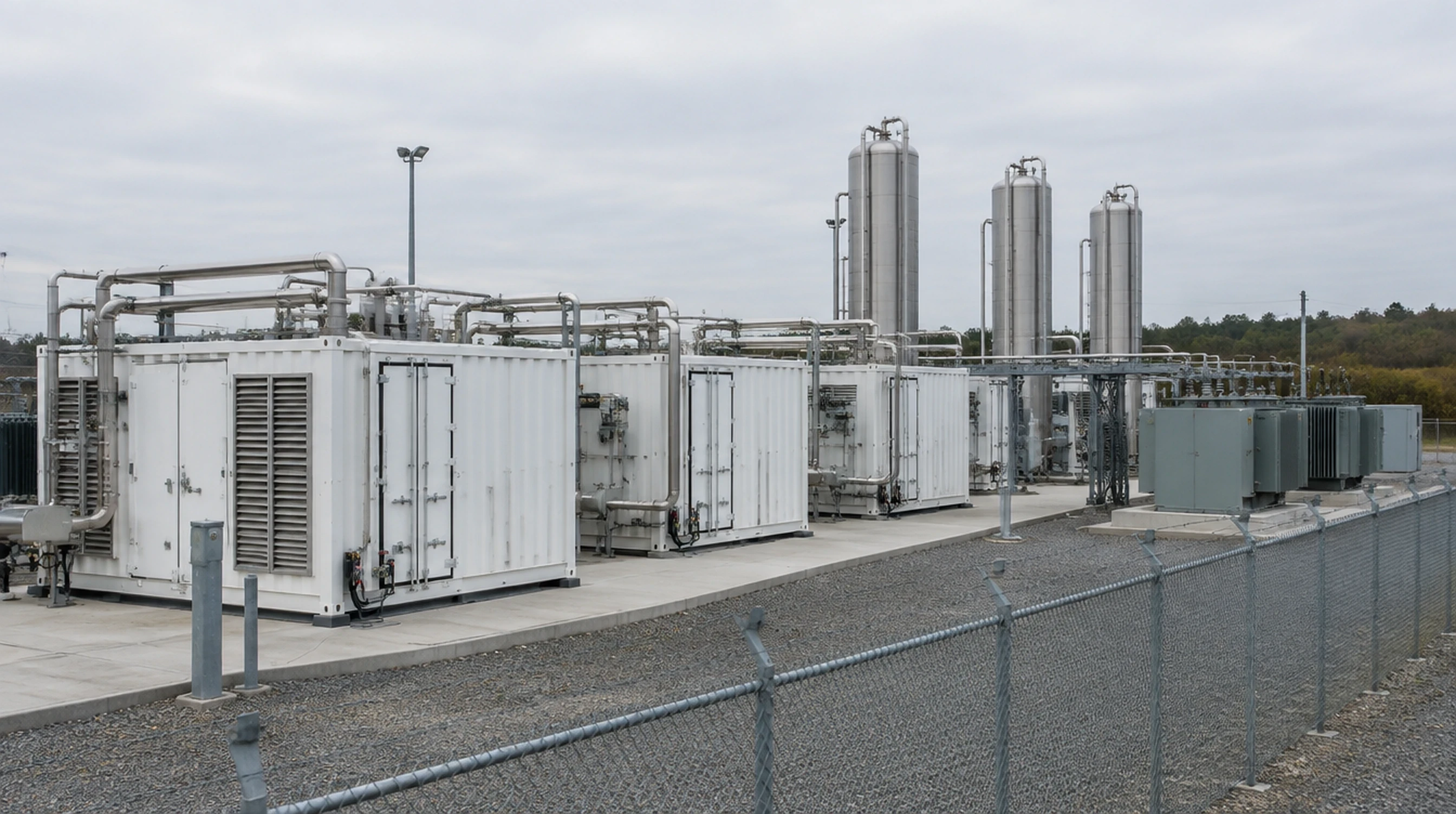 Containerized PEM electrolyzers and hydrogen storage tanks at an industrial hydrogen production site