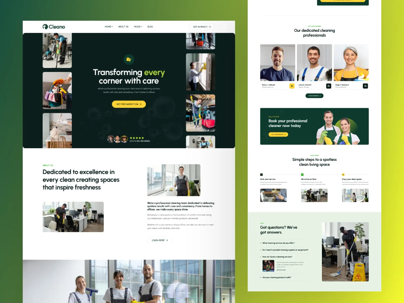 Cleano cleaning service template with team profiles, about section, step-by-step guide, and FAQ layout.