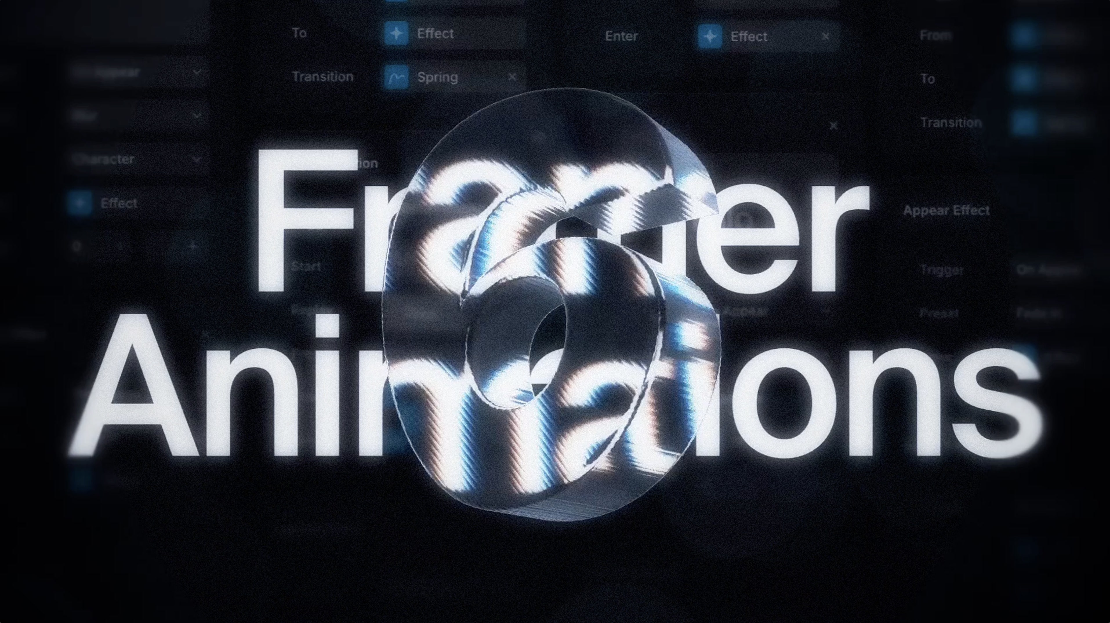 Framer Animations title with glossy 3D sphere effect in dark mode