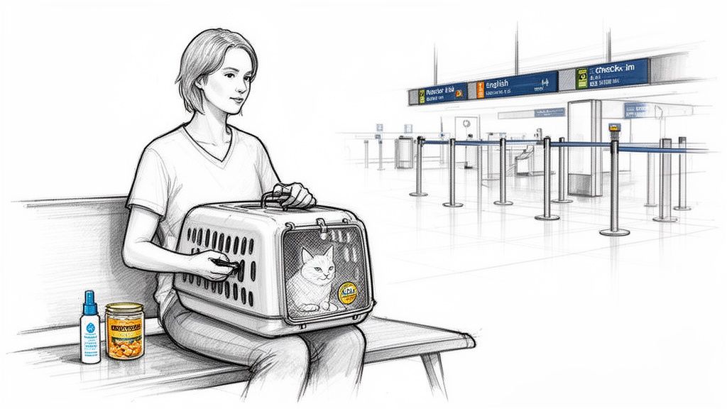 A woman and her cat in a carrier at an airport, with pet supplies on the bench.