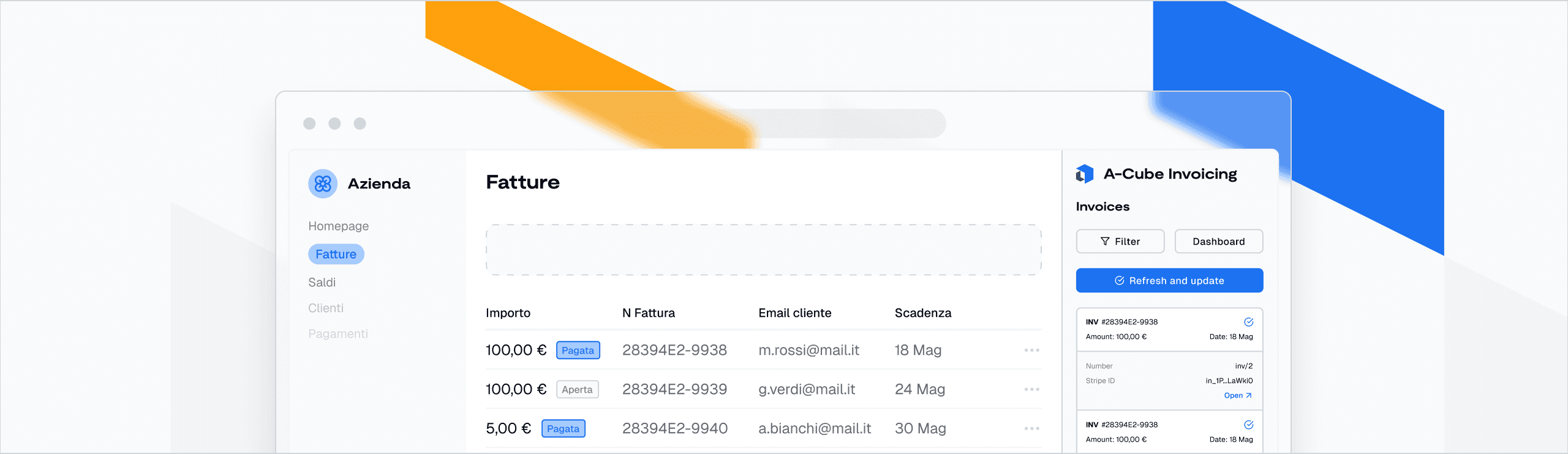 Electronic invoicing screenshot with A-Cube Invoicing from an example company