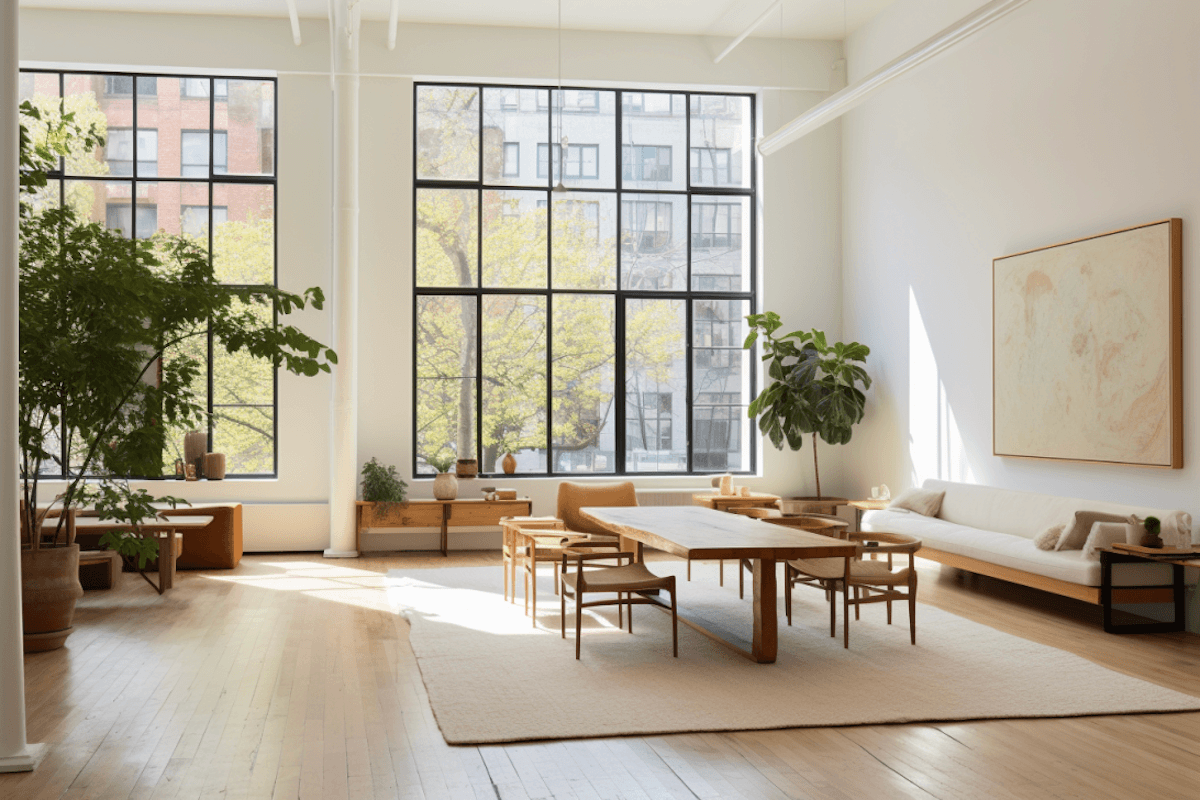 Sun-drenched loft dining room with steel windows and indoor trees