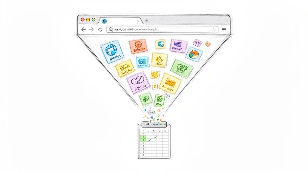 A web browser acts as a funnel, collecting various app icons and data blocks into a spreadsheet.