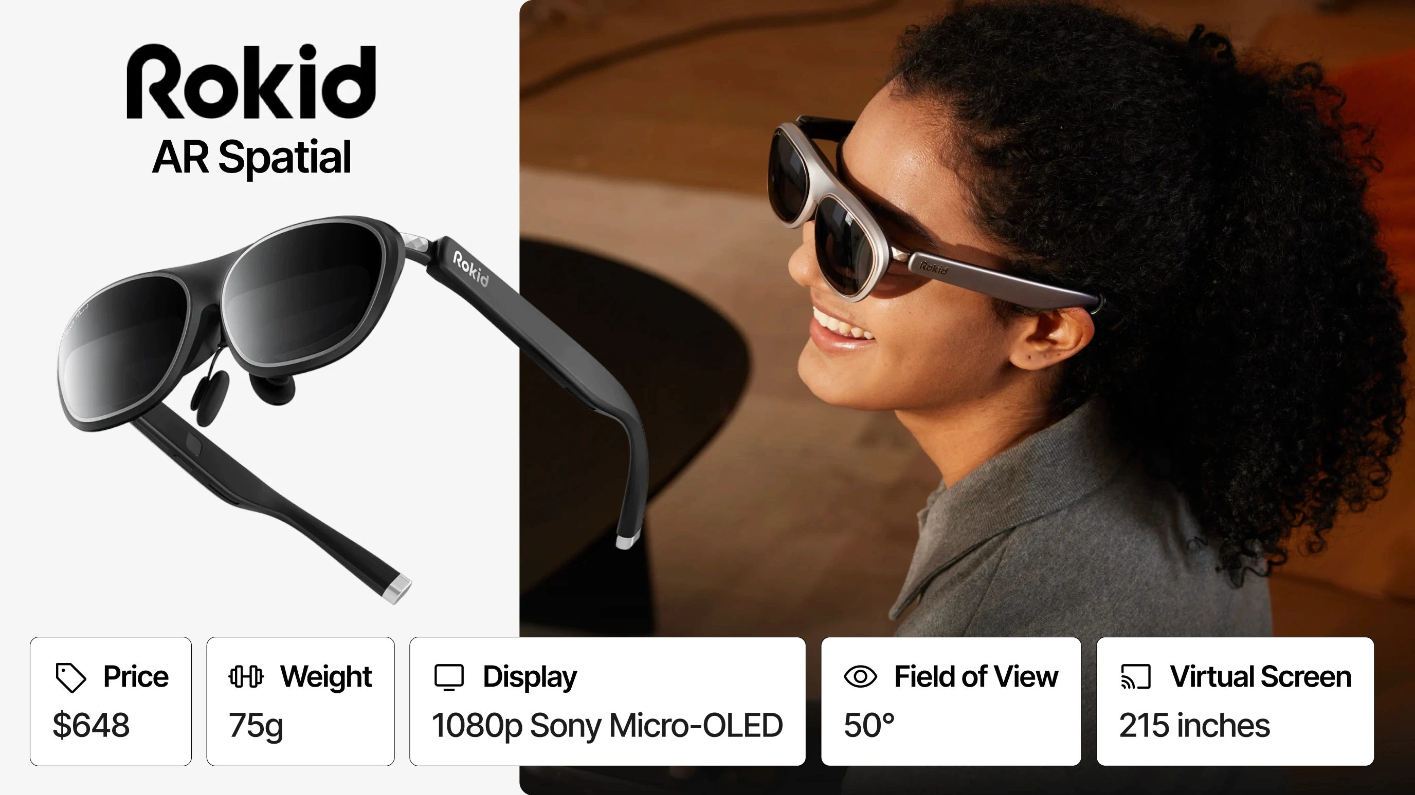 Rokid AR Spatial smart glasses: price, weight, field of view, display, and virtual screen specs for enterprise XR use