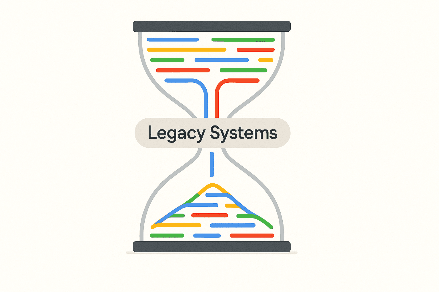 Hourglass illustration showing legacy systems slowing digital innovation and data flow.