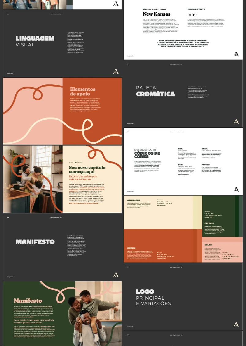 A collage of Tafe's brand guidelines pages, including sections on visual language, support graphic elements, color codes, manifesto, typography pairing of New Kansas and Inter, and logo variations.