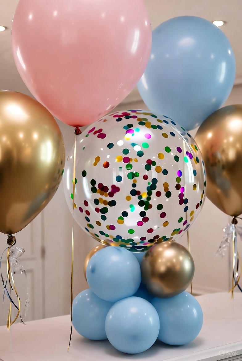 Blue, gold, and confetti-filled balloon bouquet for a baby shower celebration created