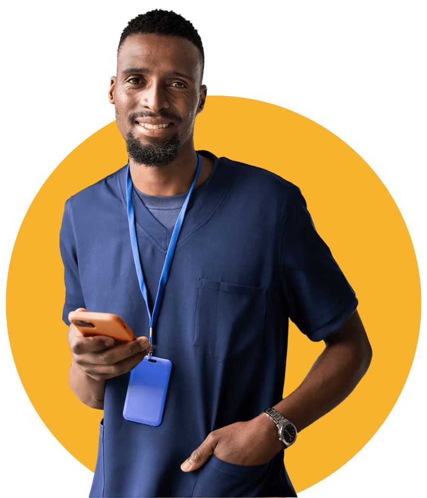 A doctor holding his phone, against a orange circular background.