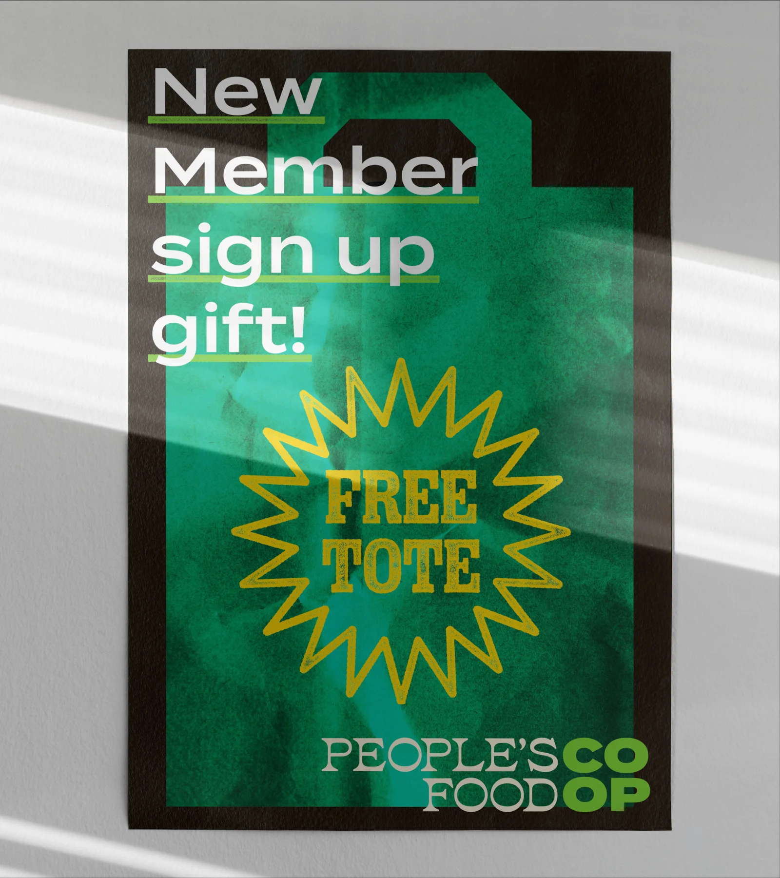 Green People's Food Co-op promotional poster reading "New Member sign up gift, Free Tote"