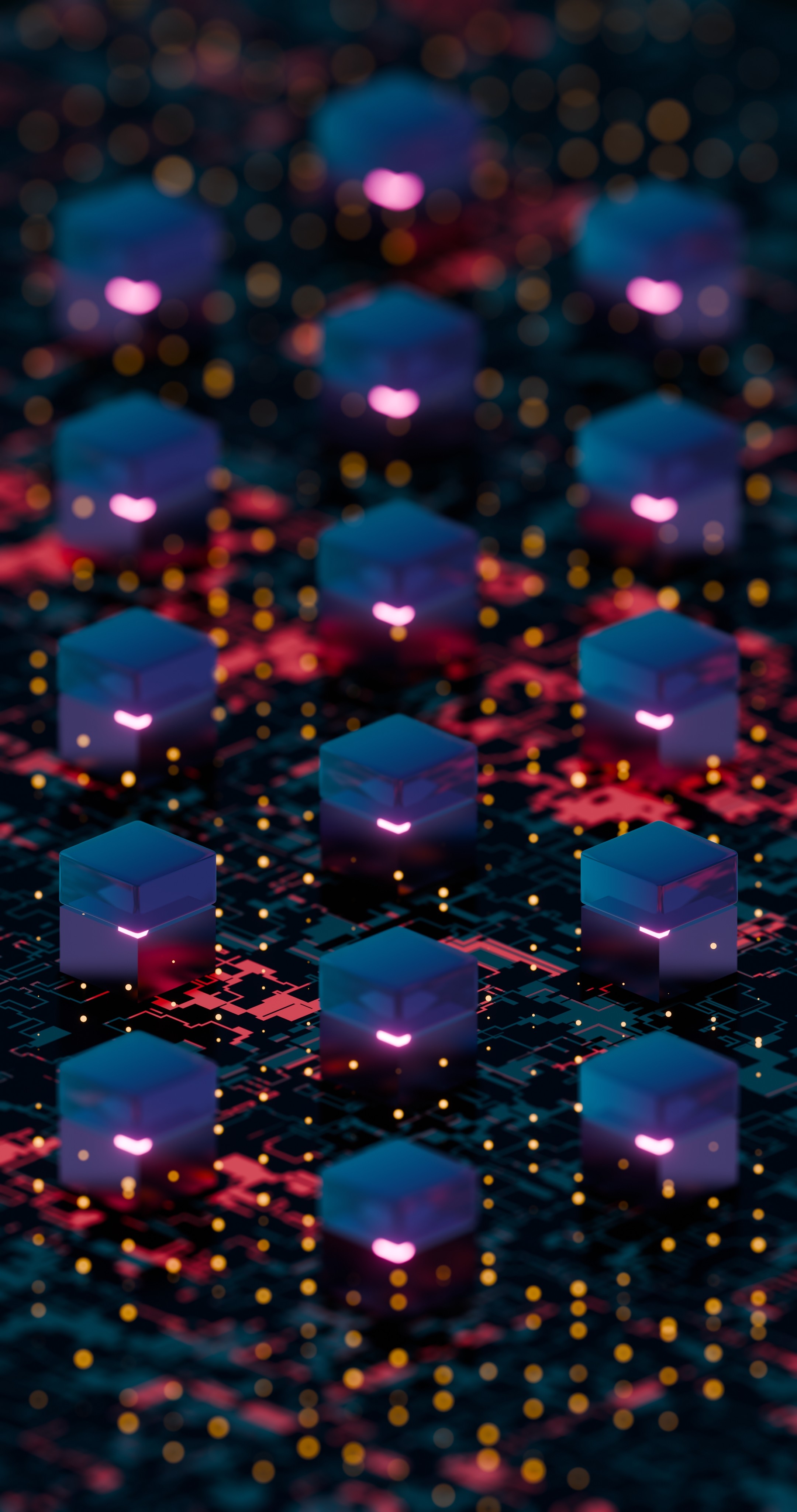 Futuristic glowing cubes over a circuit-board pattern.