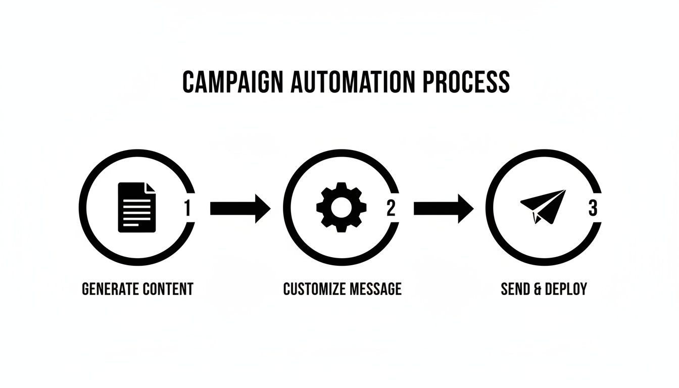A three-step campaign automation process illustrating content generation, message customization, and final deployment.