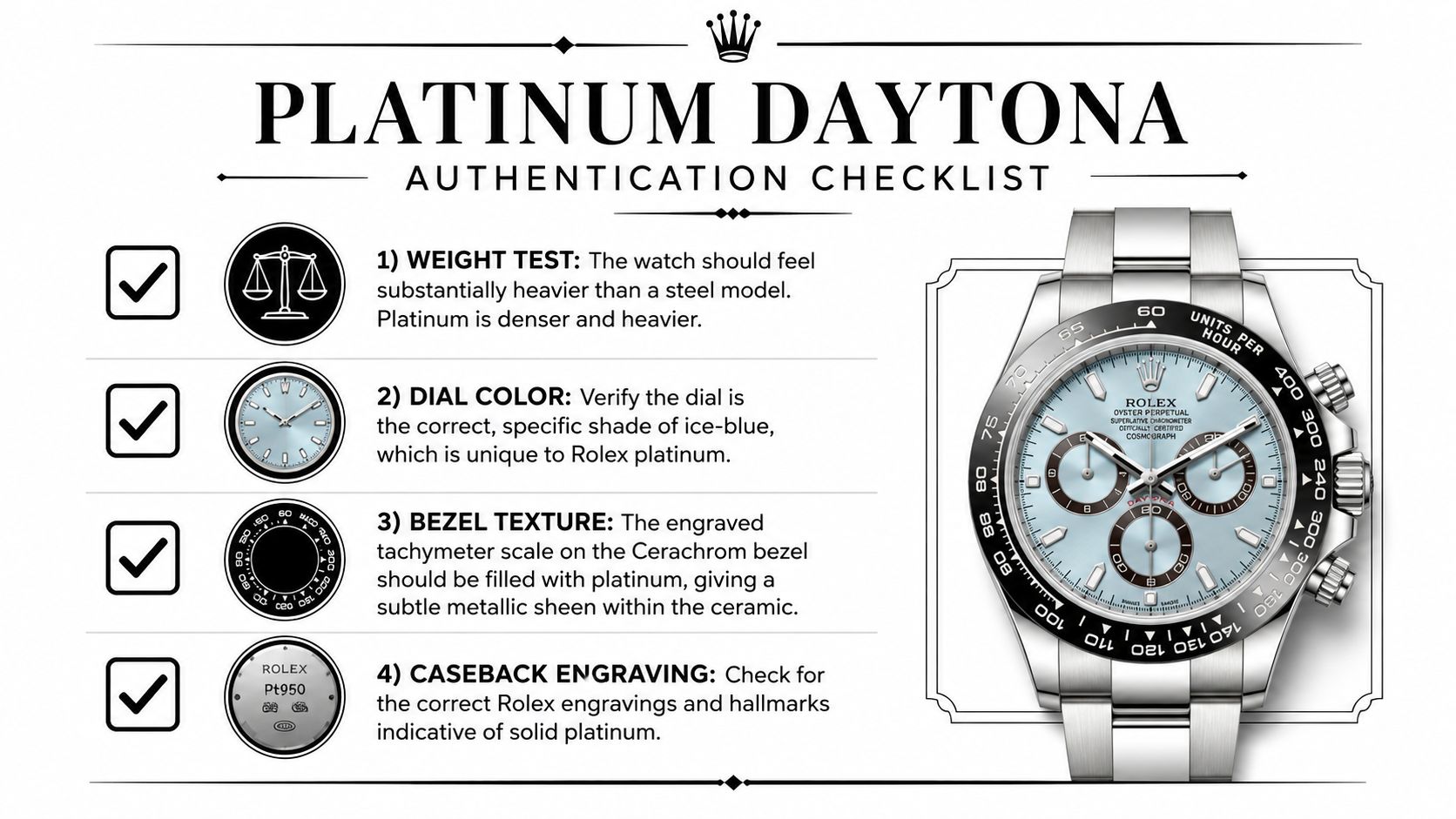 An infographic titled Platinum Daytona Authentication Checklist showing four key features to verify for Rolex authenticity.