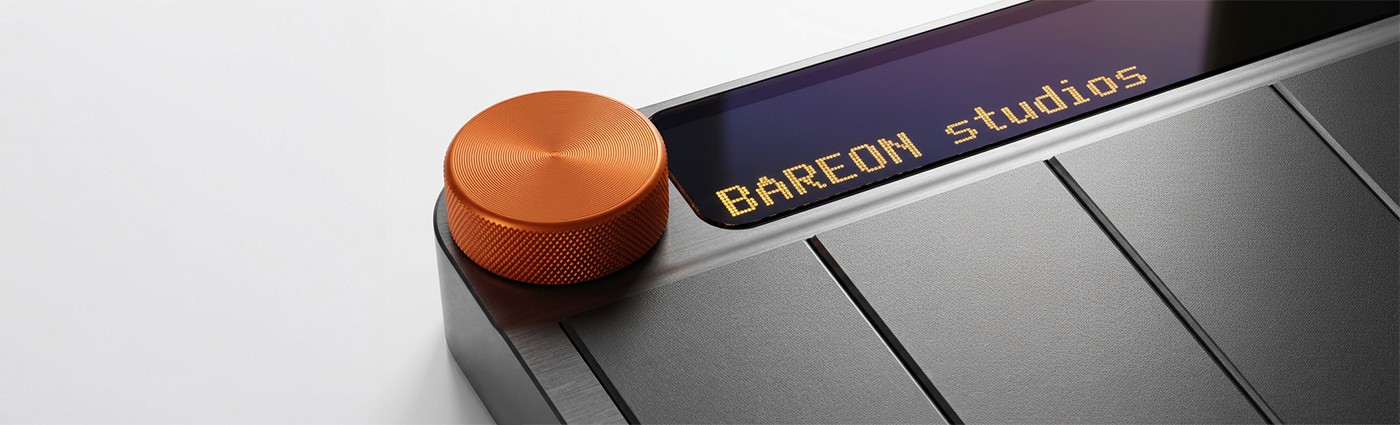 Close up Shot on the Riff Link Midi Control device with the Bareon Text.