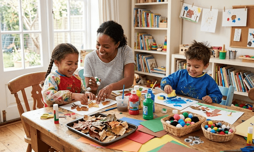 Parent and children doing colorful art projects together at a table covered in creative supplies