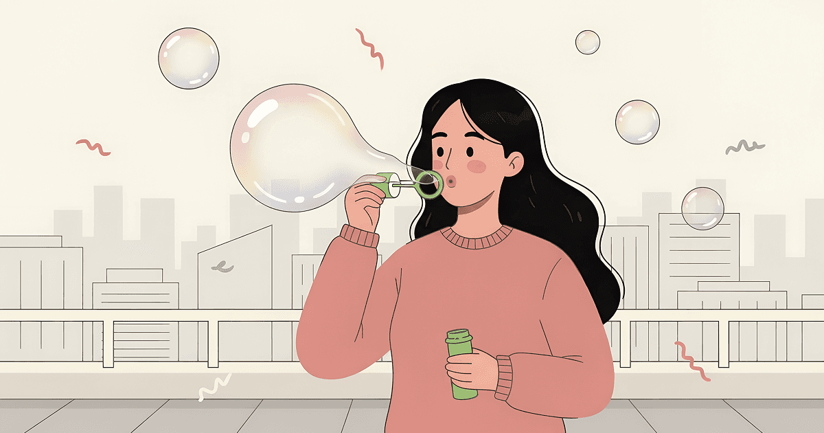 Illustrated young woman in profile view blowing soap bubbles from a balcony, with a faint city skyline behind her. Several iridescent bubbles float in the air. Warm cream background with soft muted tones. Flat painterly style, variable linework.
