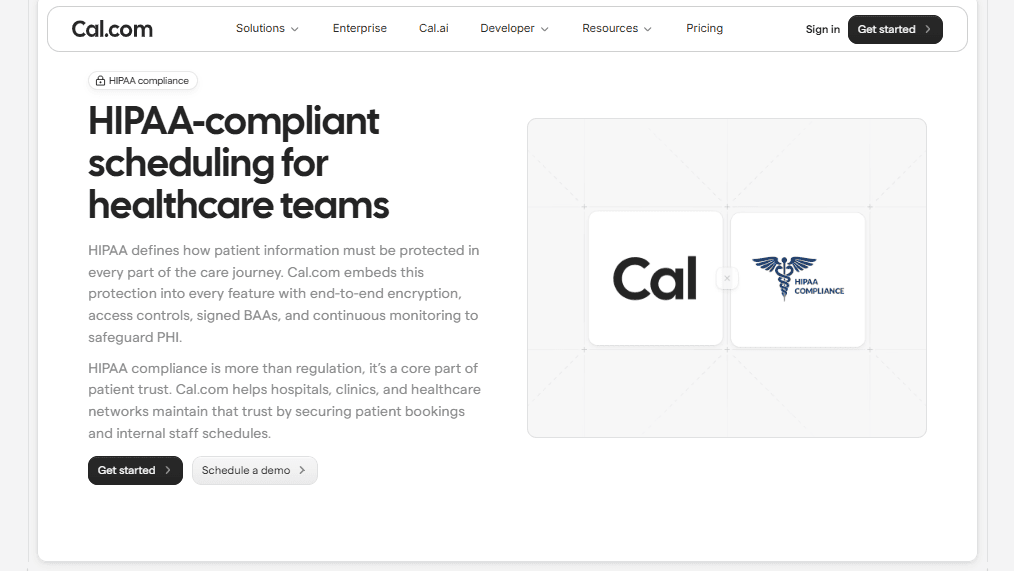 HIPAA compliance scheduling for healthcare teams page screenshot of Cal.com