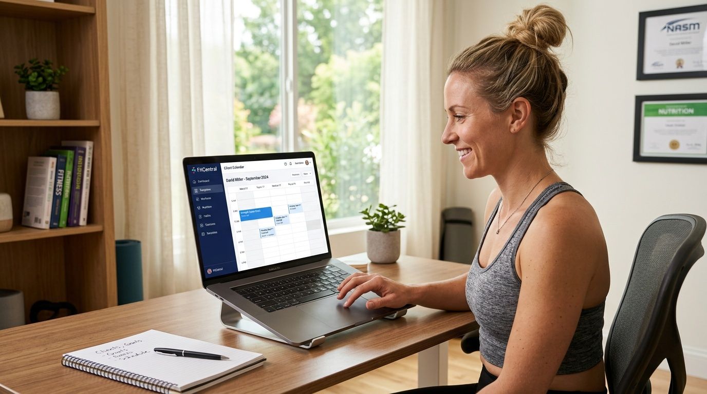 A woman working on a laptop at a desk viewing an exercise programming template for clients.