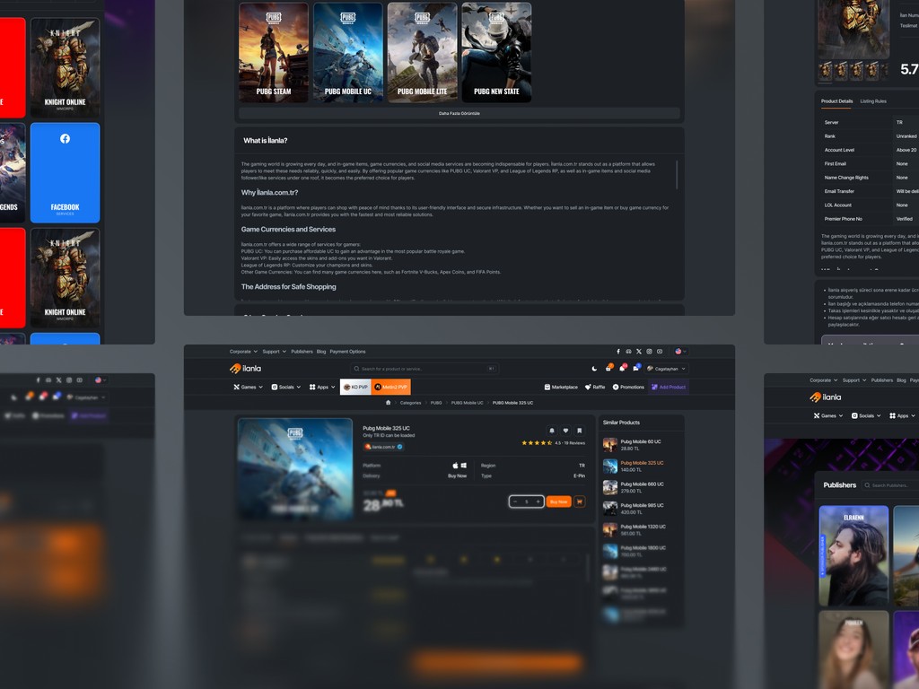 Dark theme product detail and platform information layout from Ilanla showcasing product descriptions and game covers