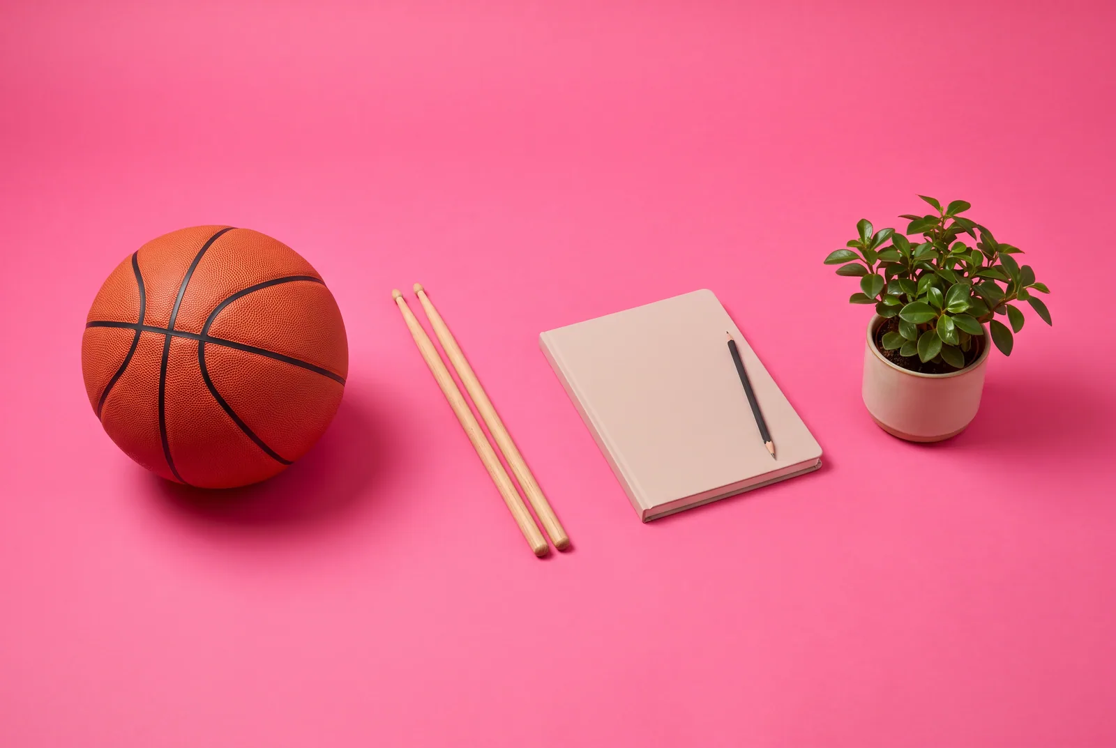 A basketball, drumsticks, a sketchbook and a plant, filling free time with good things when you quit porn as a teenager