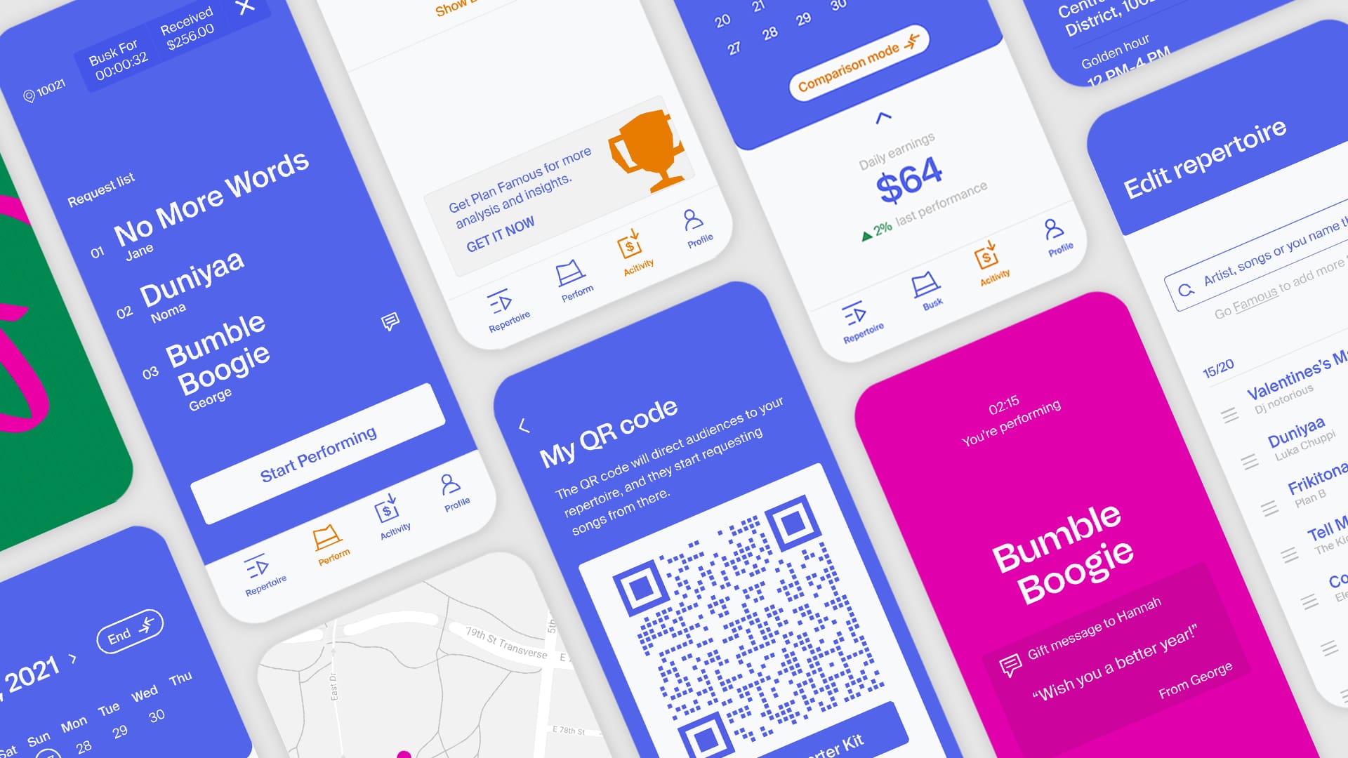 The image shows a collection of mobile app screens, each displaying different features and content. The screens are arranged in a 3x4 grid pattern against a light gray background. The apps include messaging platforms with “No More Words,” “Bumble Boogie,” “My QR code,” “Edit repertoire,” and a map interface. Some screens show profile information, such as “Duniyaa” and “Noma,” and feature icons like trophies and checkmarks. The color palette of the screens is predominantly blue, pink, and white, with occasional green and gray elements. The screens are dynamically positioned and showcase various functionalities of the apps.