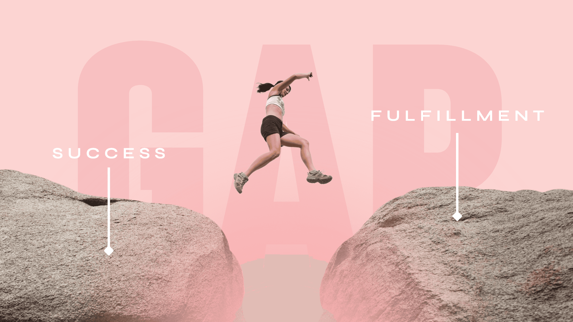 Woman closing the gap between success and fulfillment represented as 2 separated rocks