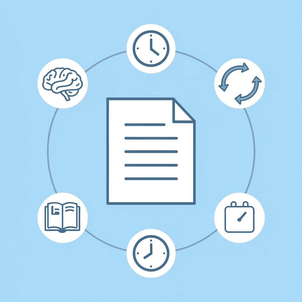 Central document icon surrounded by reading, analyzing, and editing icons to show simultaneous cognitive processes