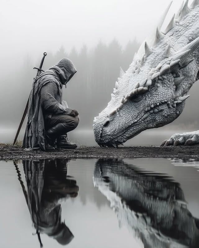 a knight kneeling infront of a dragon