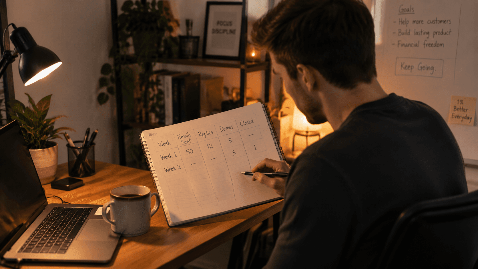 A solo founder sitting at a desk with a notebook open showing a simple table: