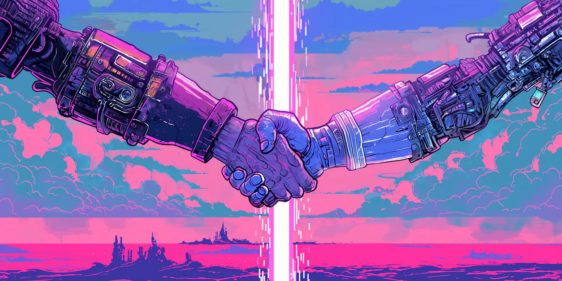 A pink laser blasting from the sky down the middle of the image and in front of it are robot hands shaking as represenation of them being a team