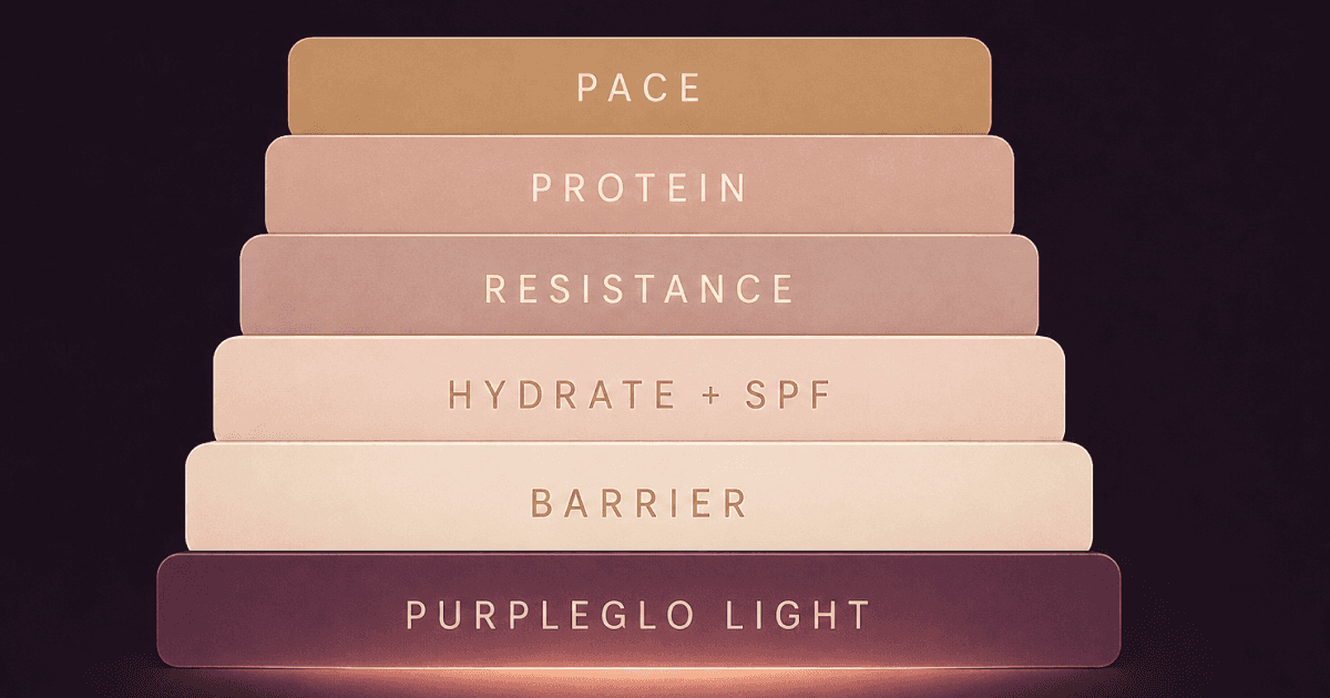 Six-layer GLP-1 skin prevention stack diagram showing stacked bands labeled Pace, Protein, Resistance, Hydrate + SPF, Barrier, and Purpleglo Light