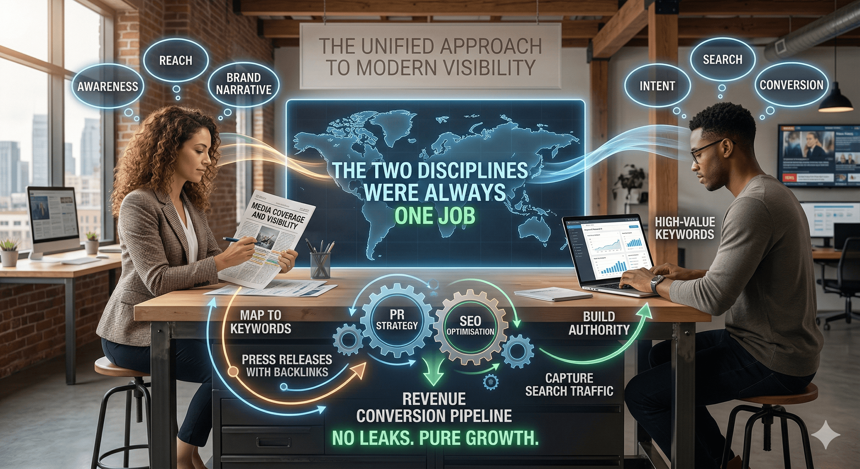 An SEO and PR executive sitting at a desk working together