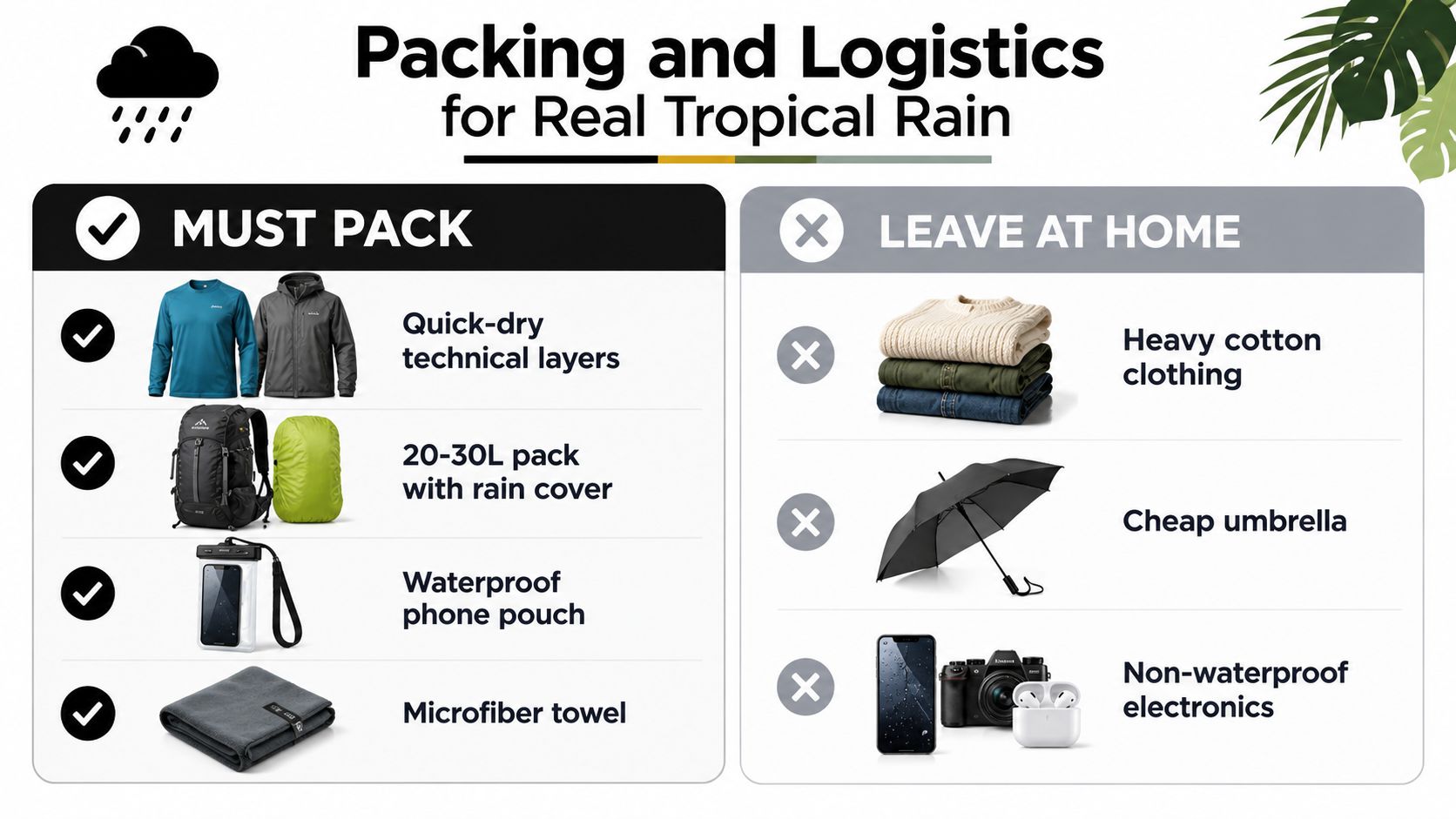 A travel infographic titled Packing and Logistics for Real Tropical Rain showing what to pack and leave.