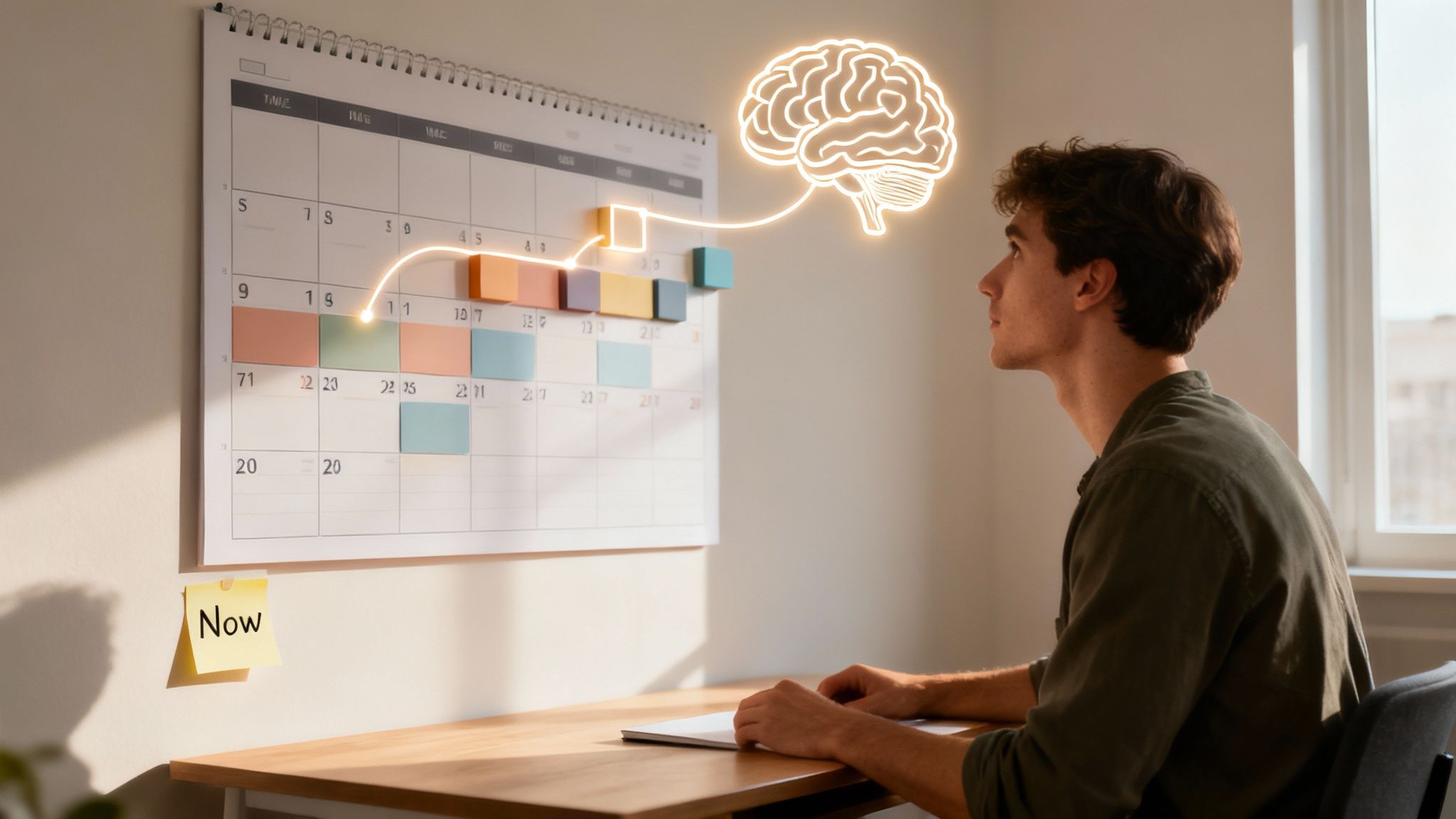 A person at a desk using time blocking on their laptop, with colorful blocks representing tasks.