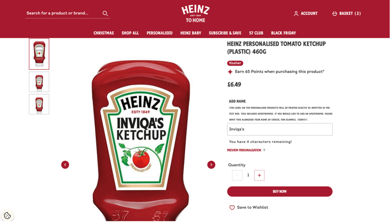 The Heinz website with a personalised Inviqa Ketchup bottle mock-up