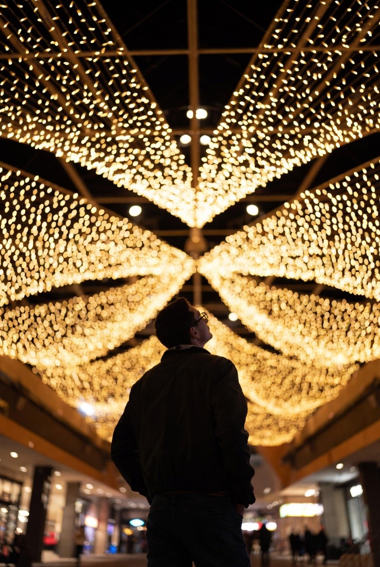 A family garden lit at night