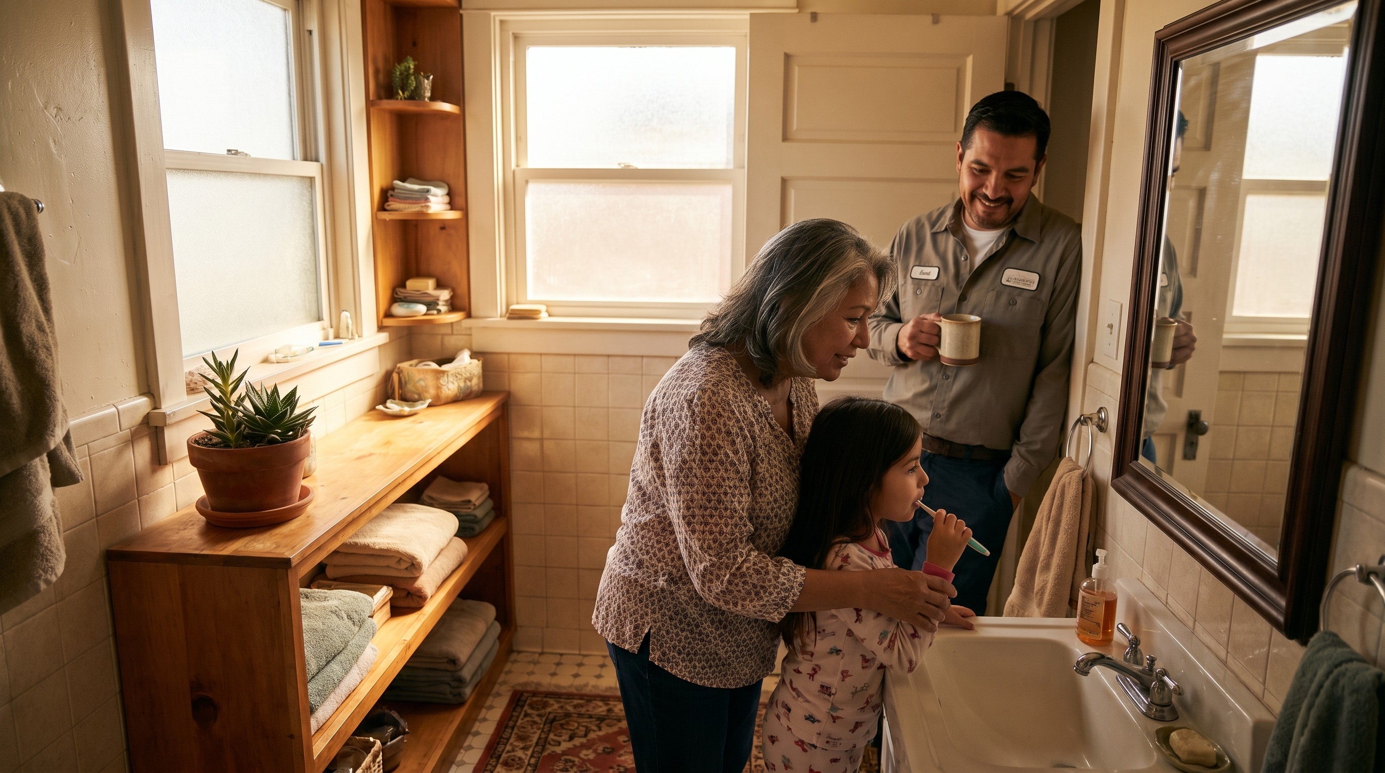 Grandmother teaching young granddaughter to brush gently while father watches from doorway in sunlit family bathroom