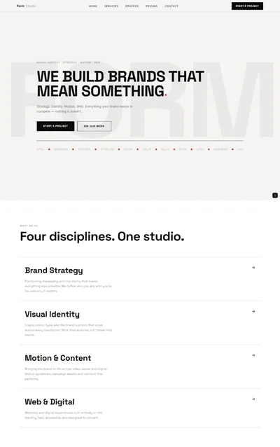 branding agency website prompt — off-white and black minimalist brand studio website design preview