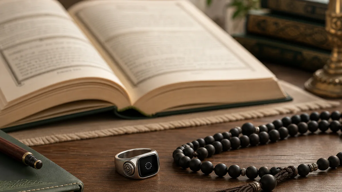 A silver ring beside Islamic reference books on men's ring rulings