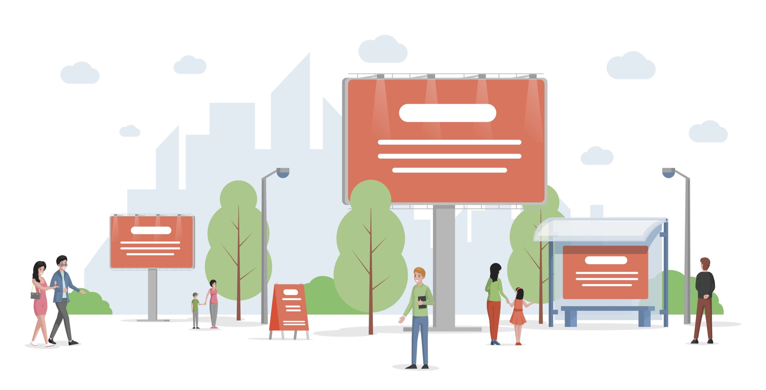 Ilustracja miejskiej reklamy z billboardami i przystankiem autobusowym