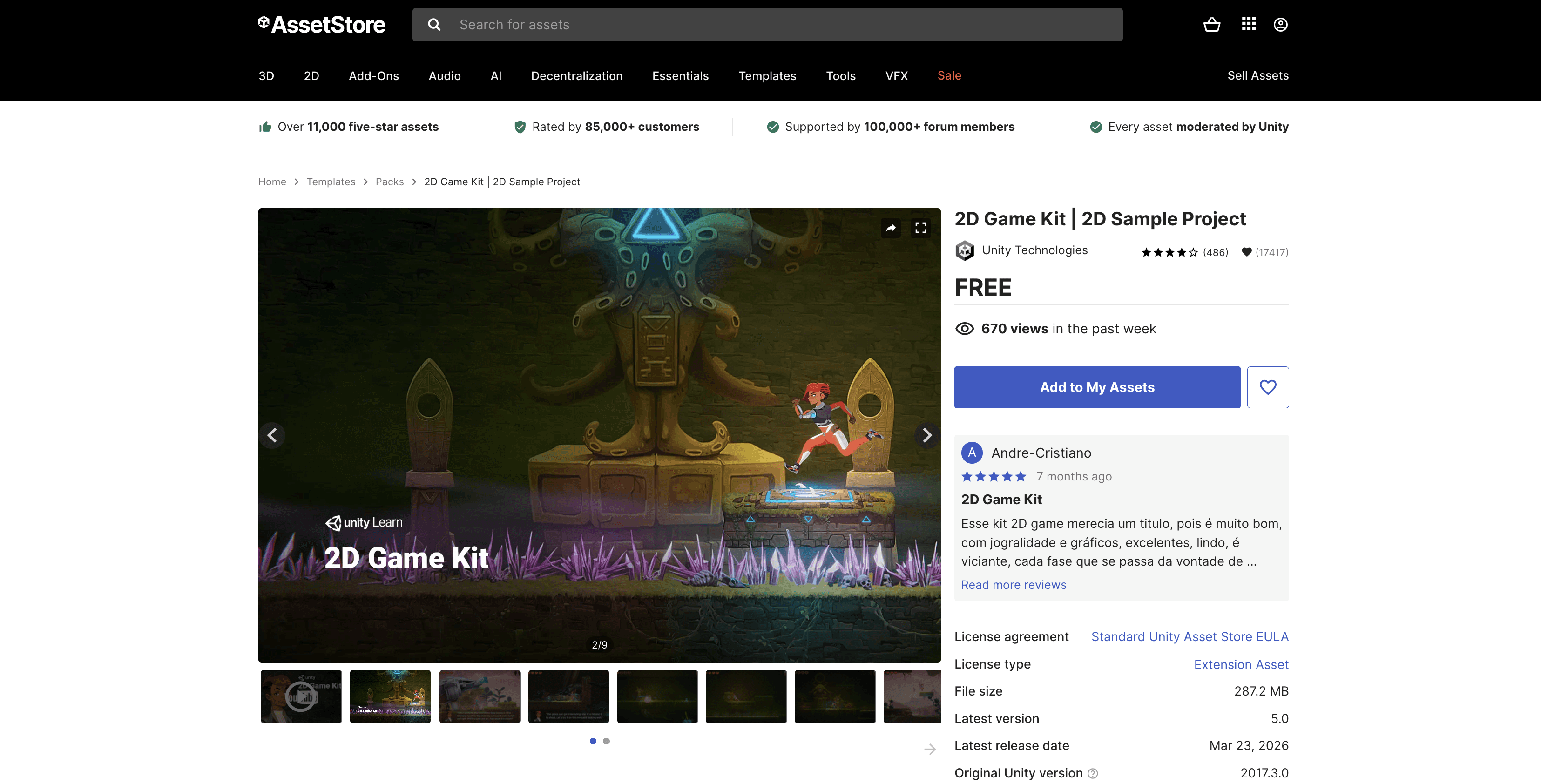 Unity Asset Store page for the free 2D Game Kit sample project, showing a character exploring a side-scrolling environment.